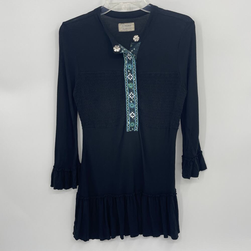 FREE PEOPLE Womens Embroidered Smocked Ruffle Tunic Size  L 3/4 Sleeve  Shirt